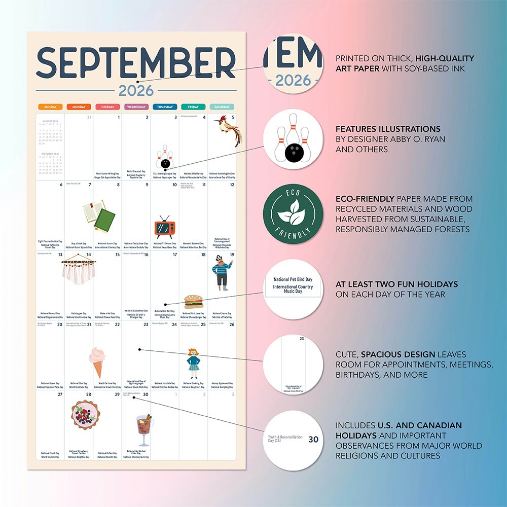 Every Day Is A Holiday 2026 | 12″ x 24″ 12 Month Calendar | Marble City Press