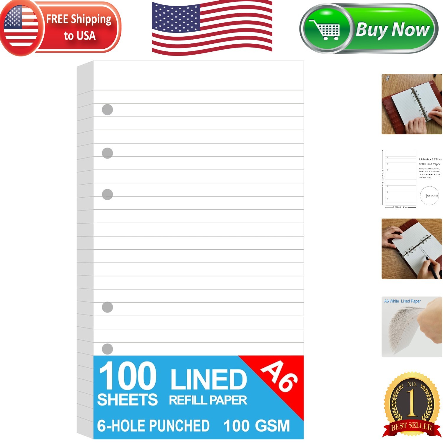 Acid-Free 100gsm A6 Lined Paper – 6 Hole Punched for Planner Inserts, 100 Sheets