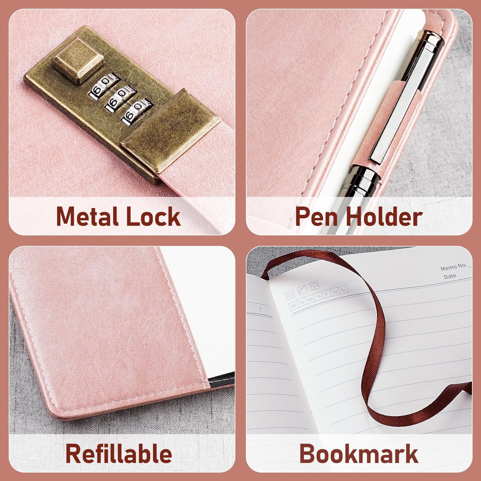 WEMATE Diary with Lock, A5 PU Leather Journal A5（5.8 x 8.6inch）, Rose Gold
