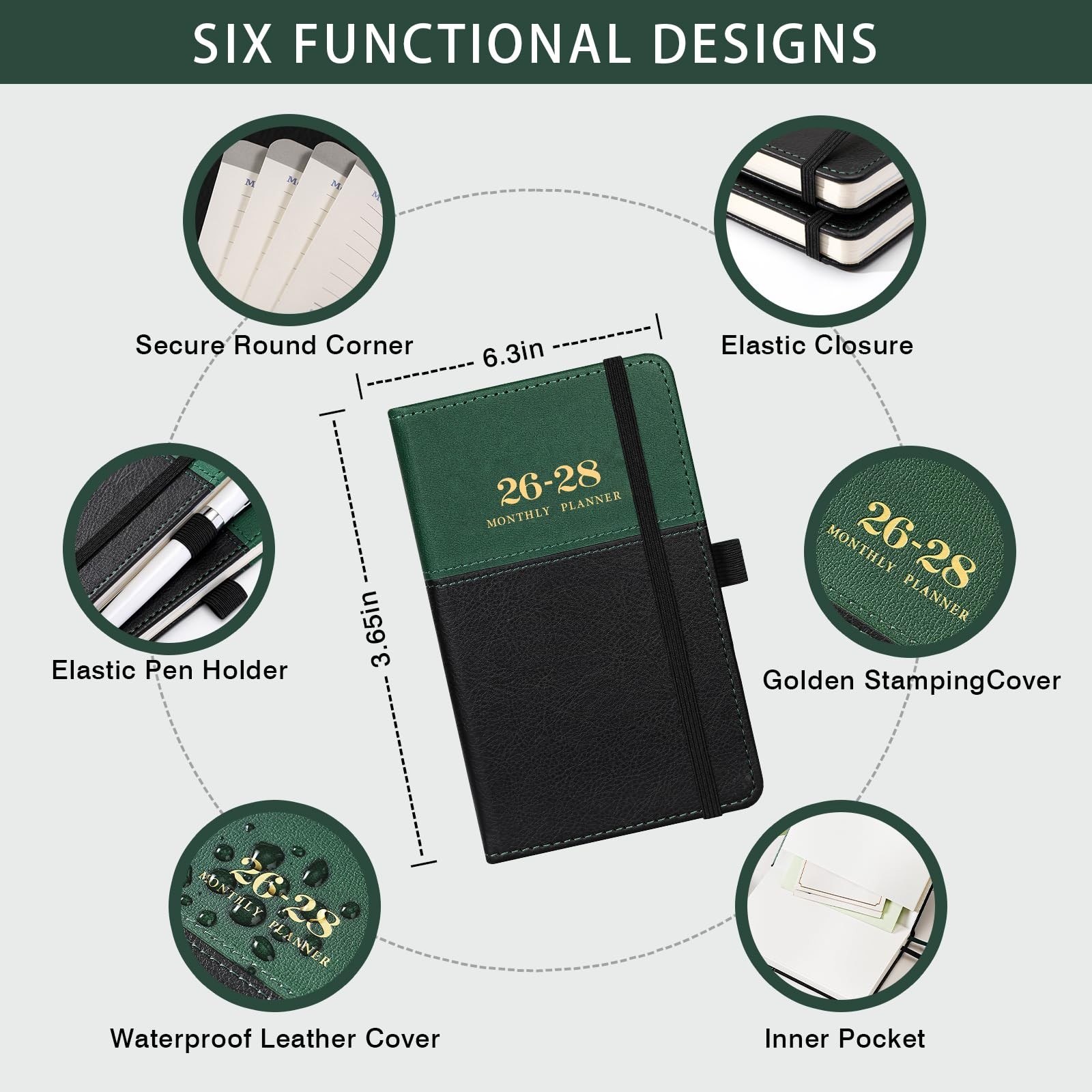 2026-2028 Pocket Calendar/Planner – 3 Year Monthly 6.4″ x 3.8″, Green