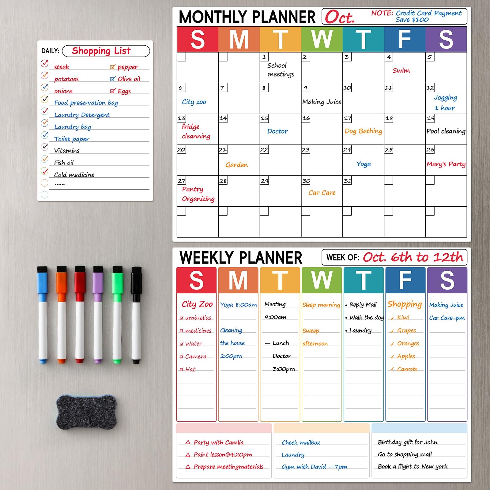 3 Pack Dry Erase Magnetic Calendar for Monthly & Weekly & Daily – Colorful