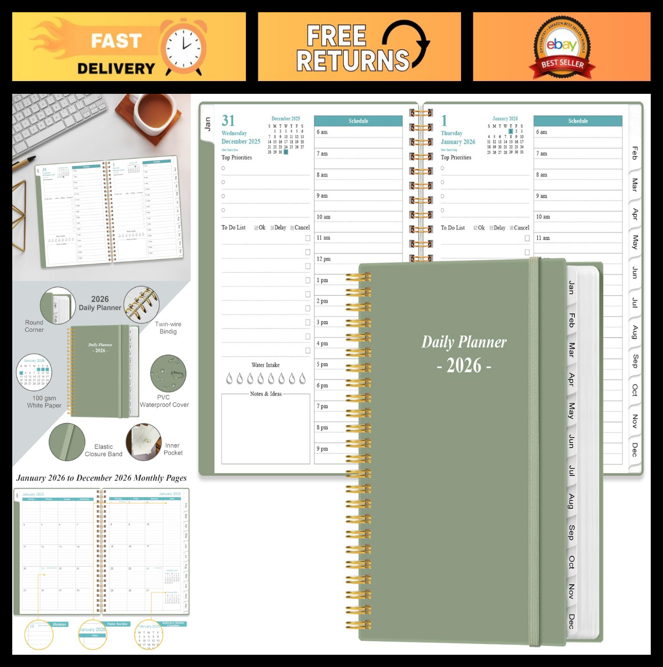 2026 Daily Planner – Full Page Per Day, Monthly Tabs, 6.4″x8.5″, Green, Jan-Dec