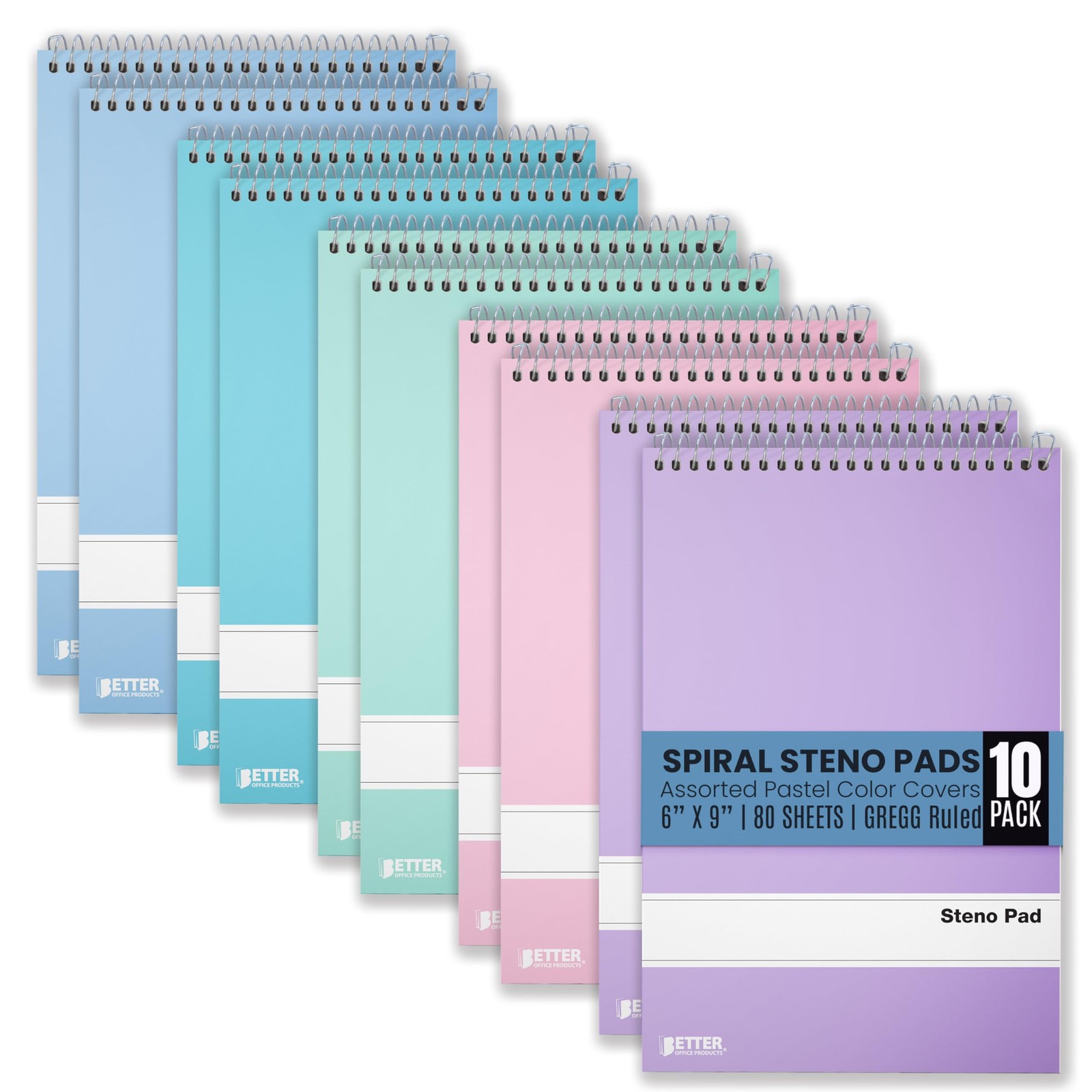 Better Office Products Steno Pads Spiral 6×9, 10 Pack, Gregg Ruled, Assorted