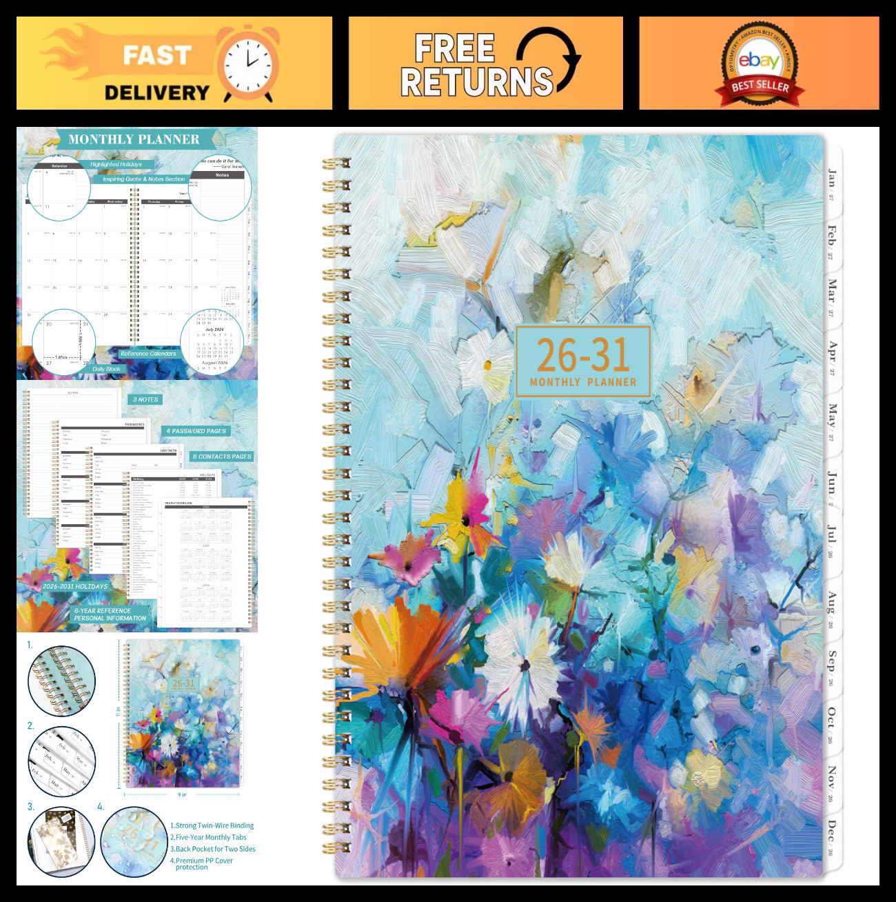 5-Year Monthly Planner 2026-2031, 9″x11″, Twin-Wire, 60 Tabs, Back Pocket, Water