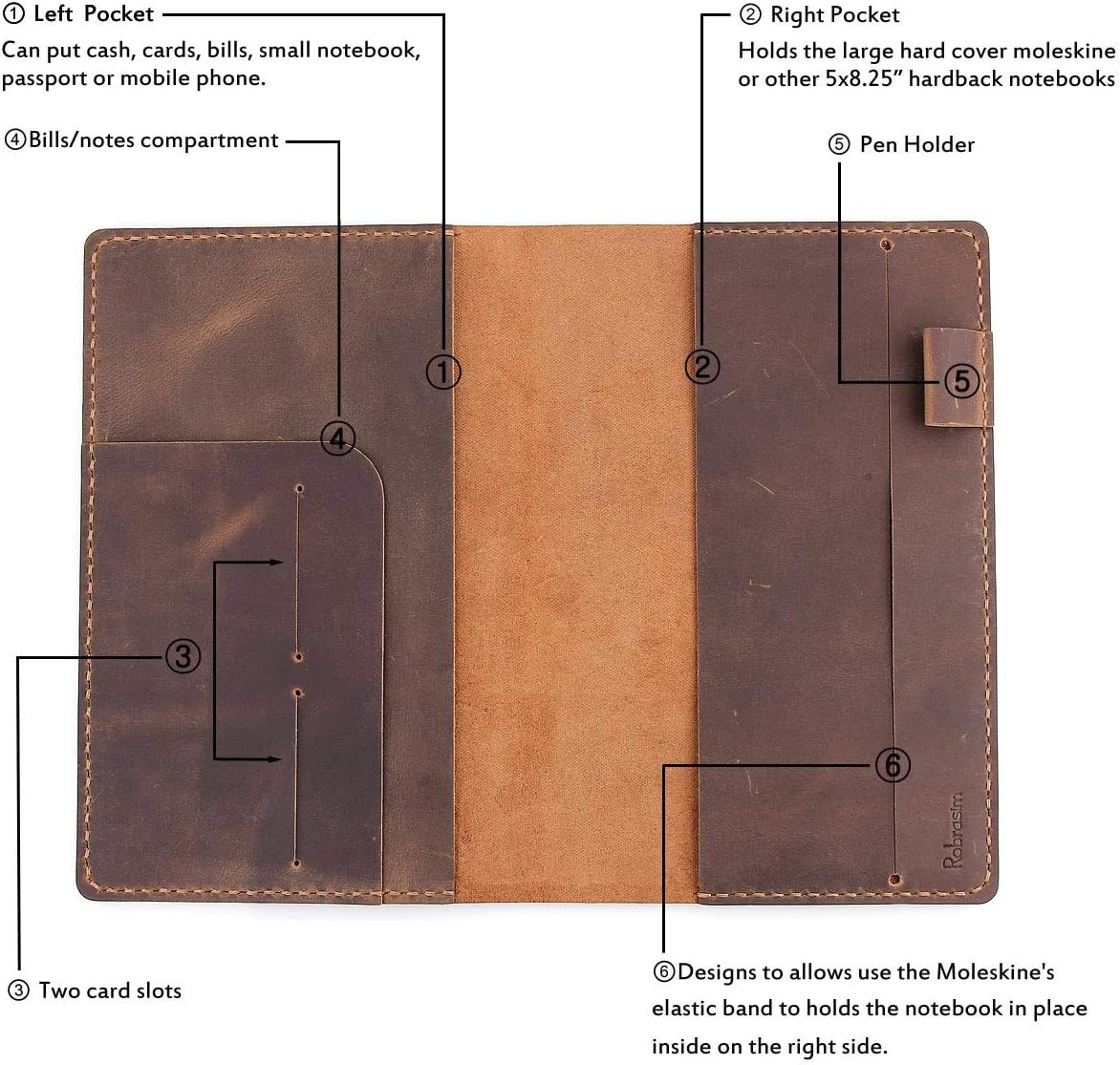 Leather Journal Cover Fits for Moleskine Large Hard Cover Notebook, Handmade Vin