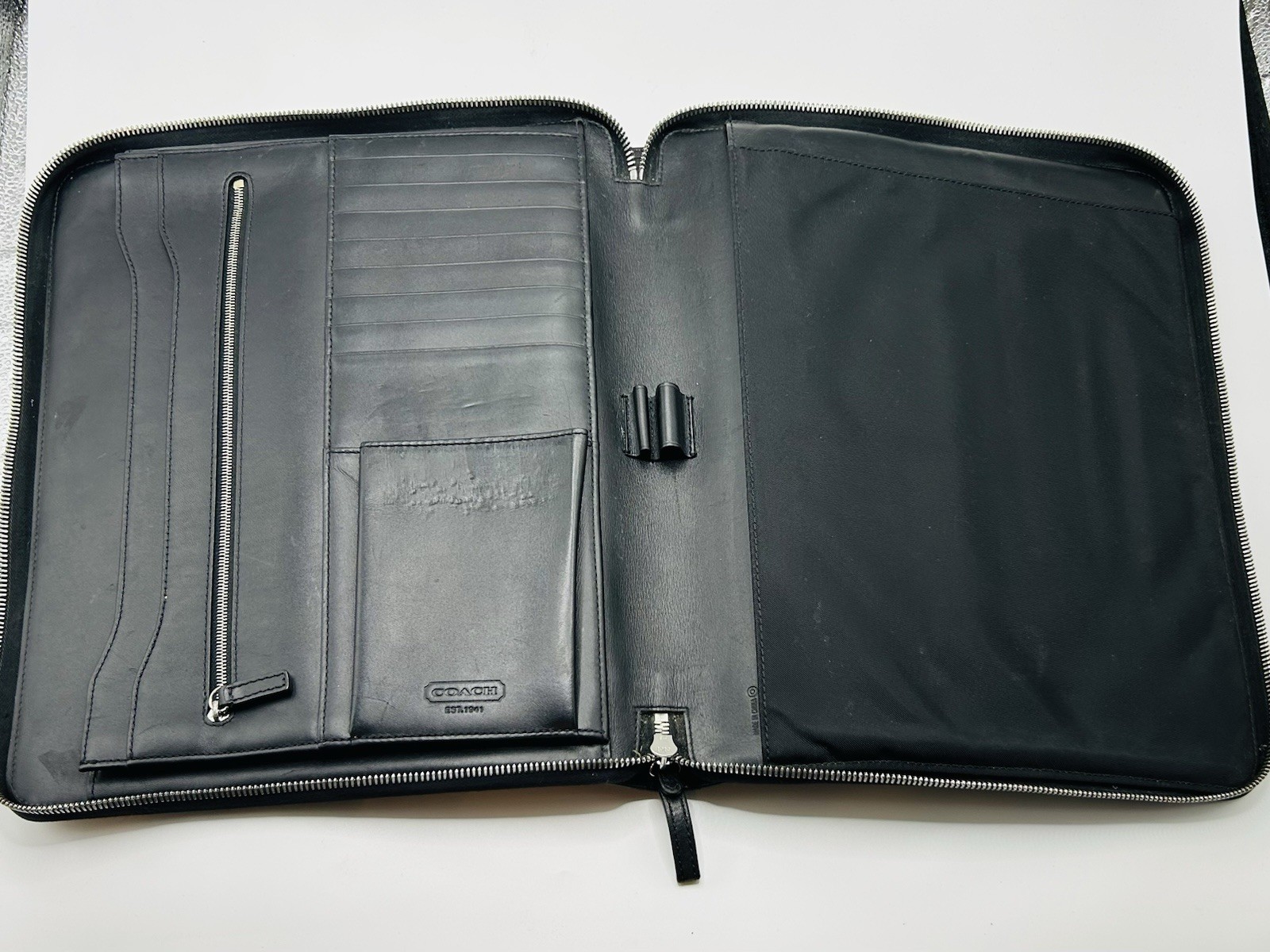 Coach Black Leather Zip Portfolio Organizer Pad Folio Business Case