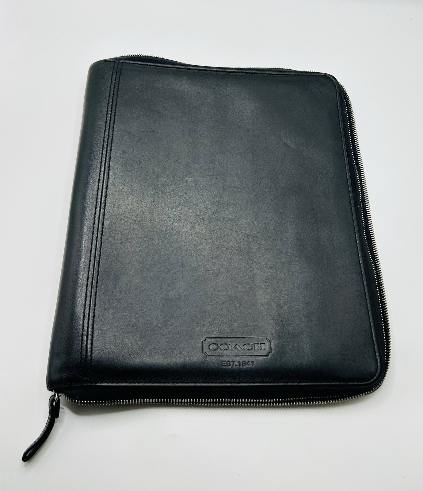 Coach Black Leather Zip Portfolio Organizer Pad Folio Business Case