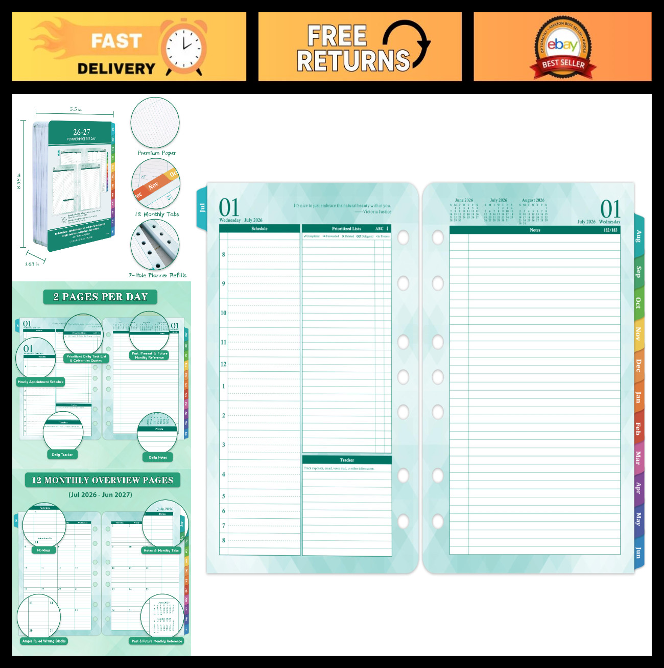 2026-2027 Daily Planner Refills, 5.5″ x 8.4″, Two Pages Per Day, Monthly Tabs, T