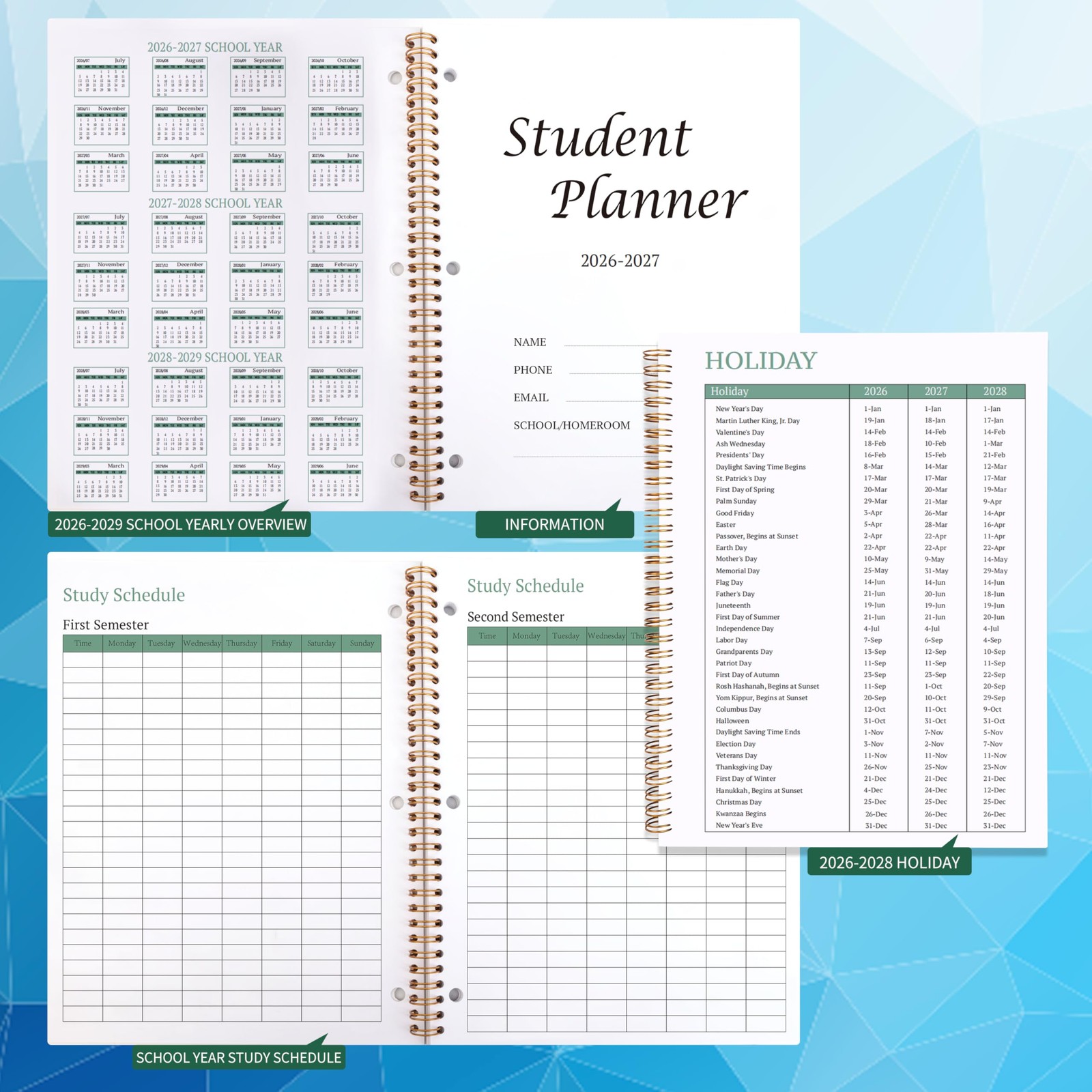 Student Planner 2026-2027 Monthly & Weekly School 8.2 X 10.7 inches, Blue