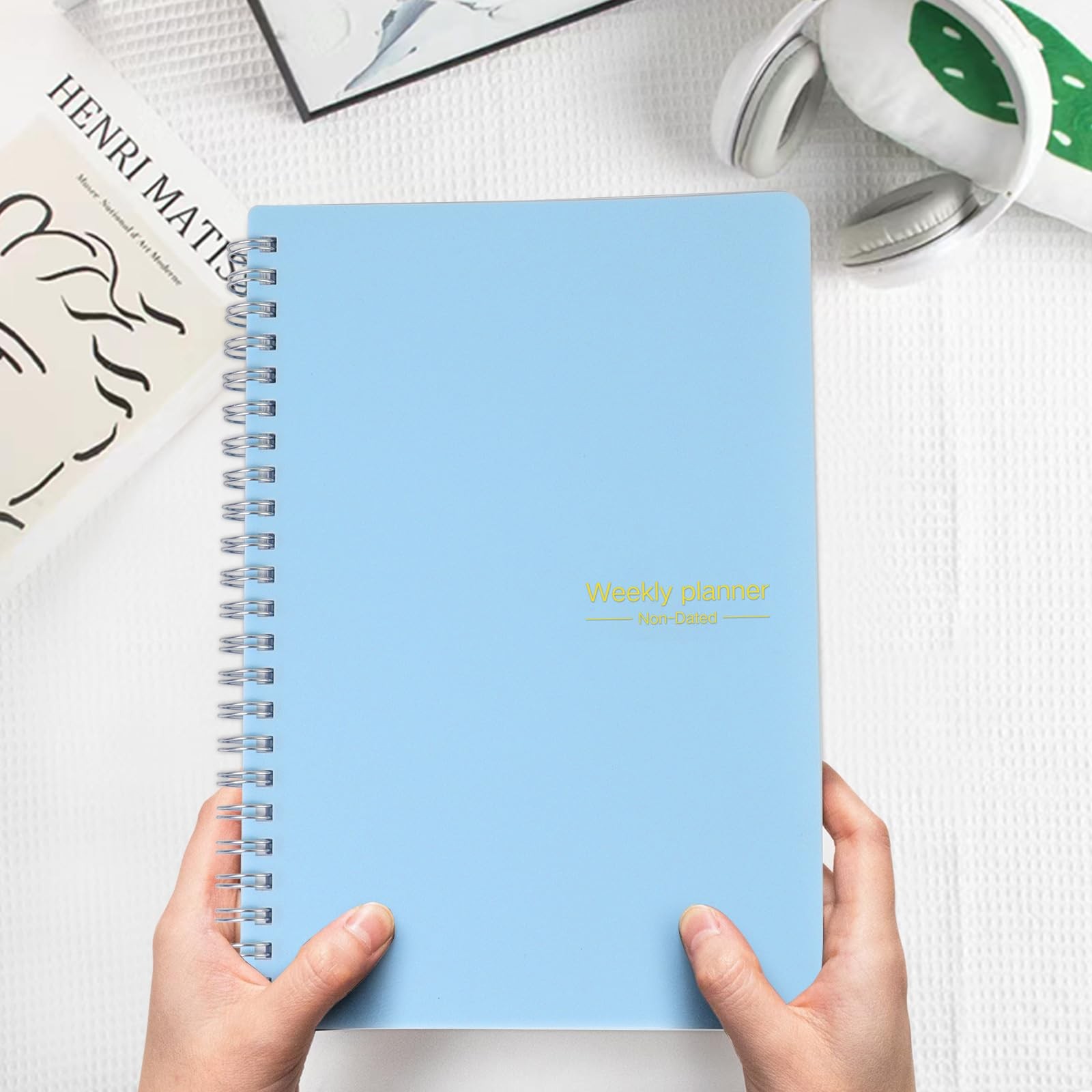 Undated Weekly Planner with Goal & Habit Tracker Notebook, Small Light Blue