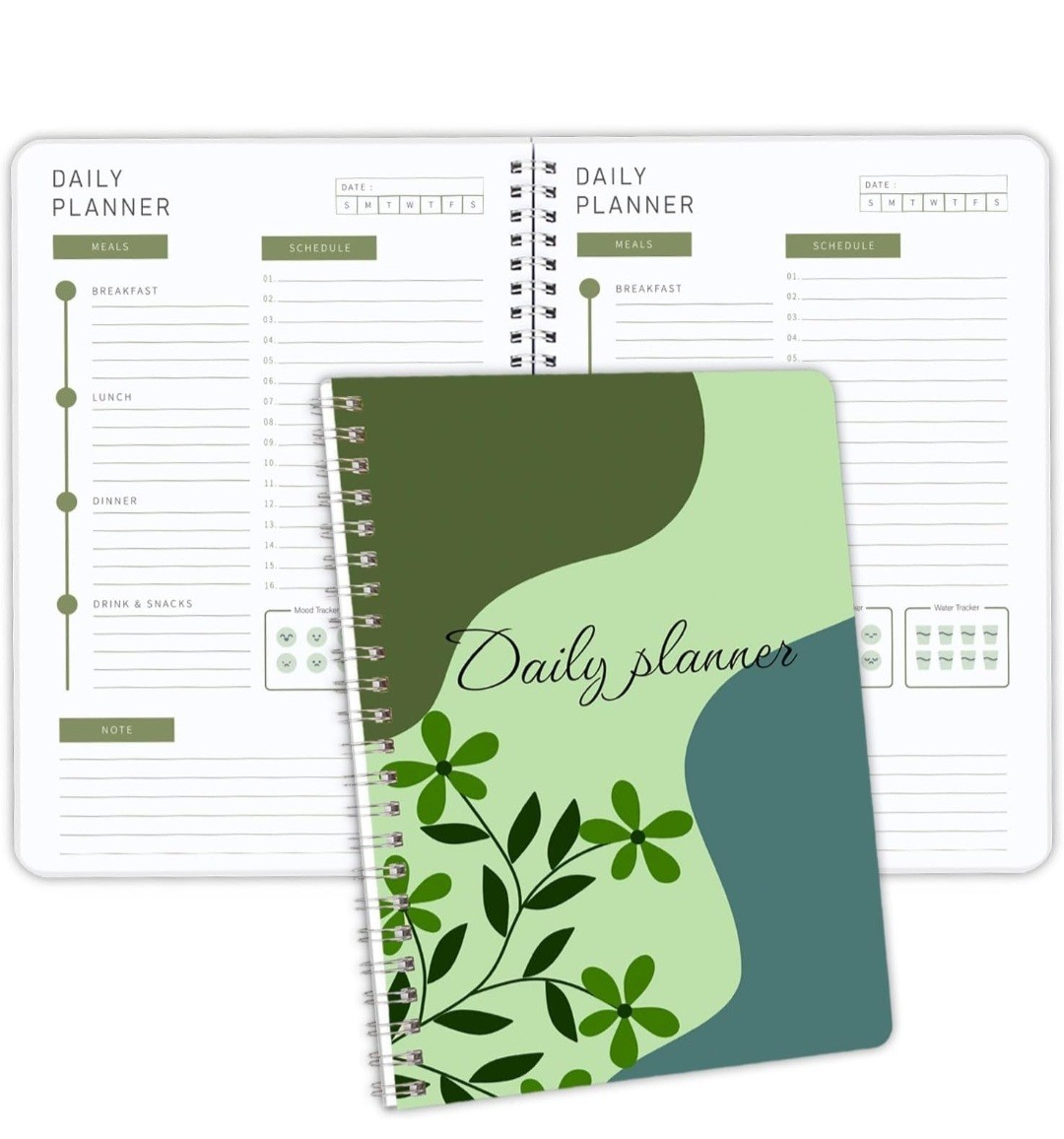 Green Floral Daily Planner Notebook 8″x5.8″ Spiral Bound, Waterproof Cover