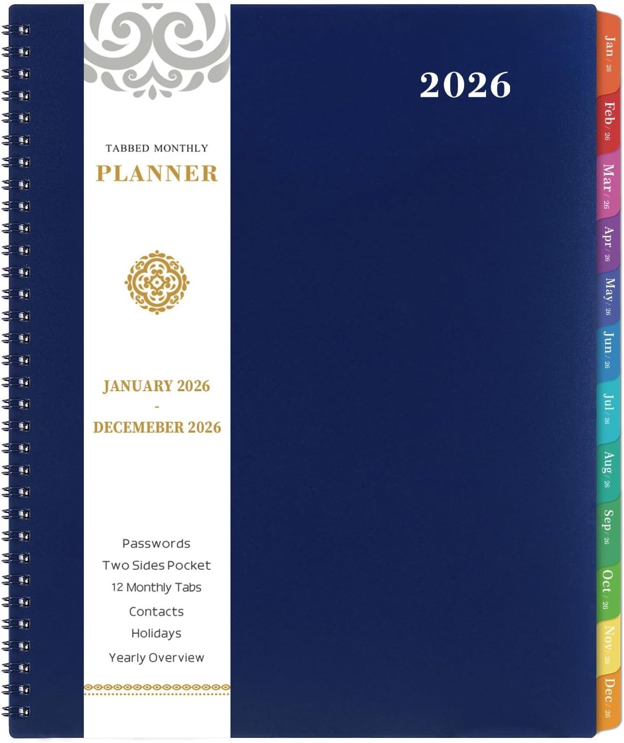 Stylish 2026 Monthly Planner – Twin-Wire Binding, Contacts & Passwords – Navy