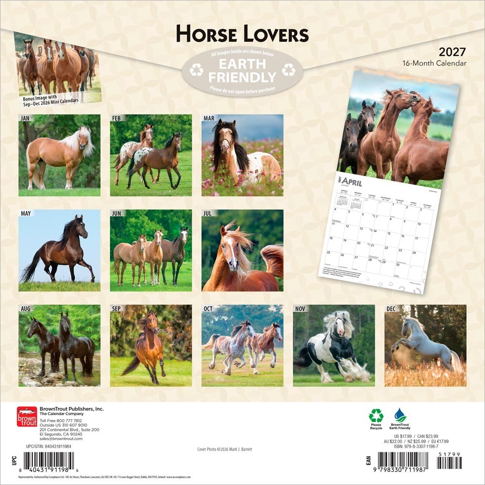 Horse Lovers | 2027 12×24″ (Hanging) Monthly Square Wall Calendar | Plastic-Free