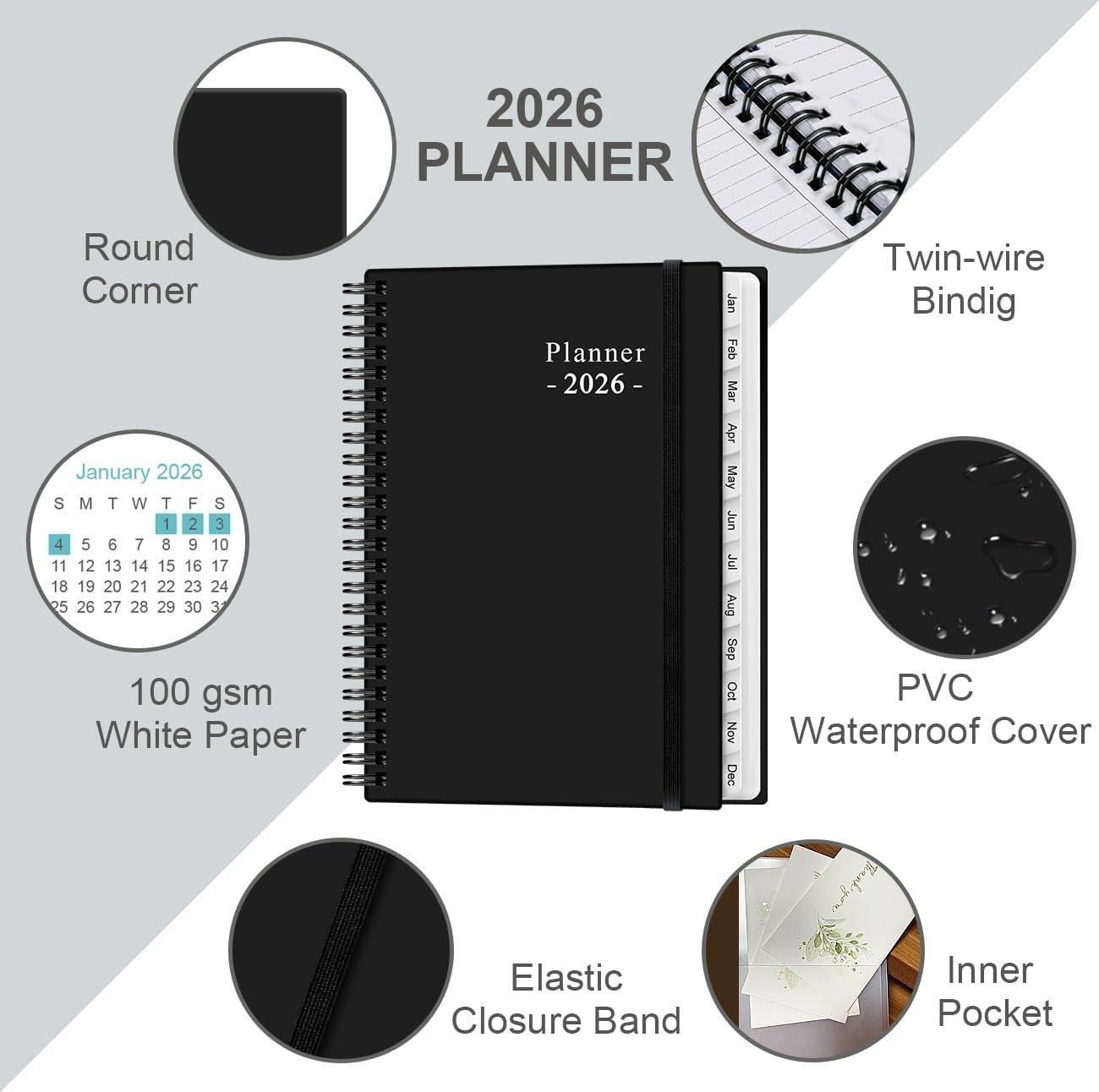 Sleek Black-E 2026 Planner: Compact Weekly & Monthly Organizer, 6.4″ x 8.5″