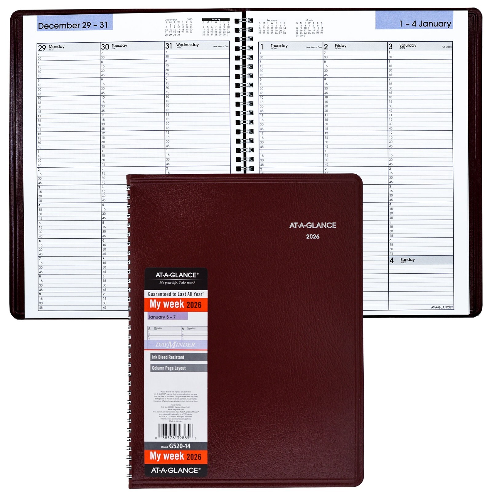 2026 At-A-Glance DayMinder G520-14 Weekly Appointment Book, 8 x 11″, Burgundy