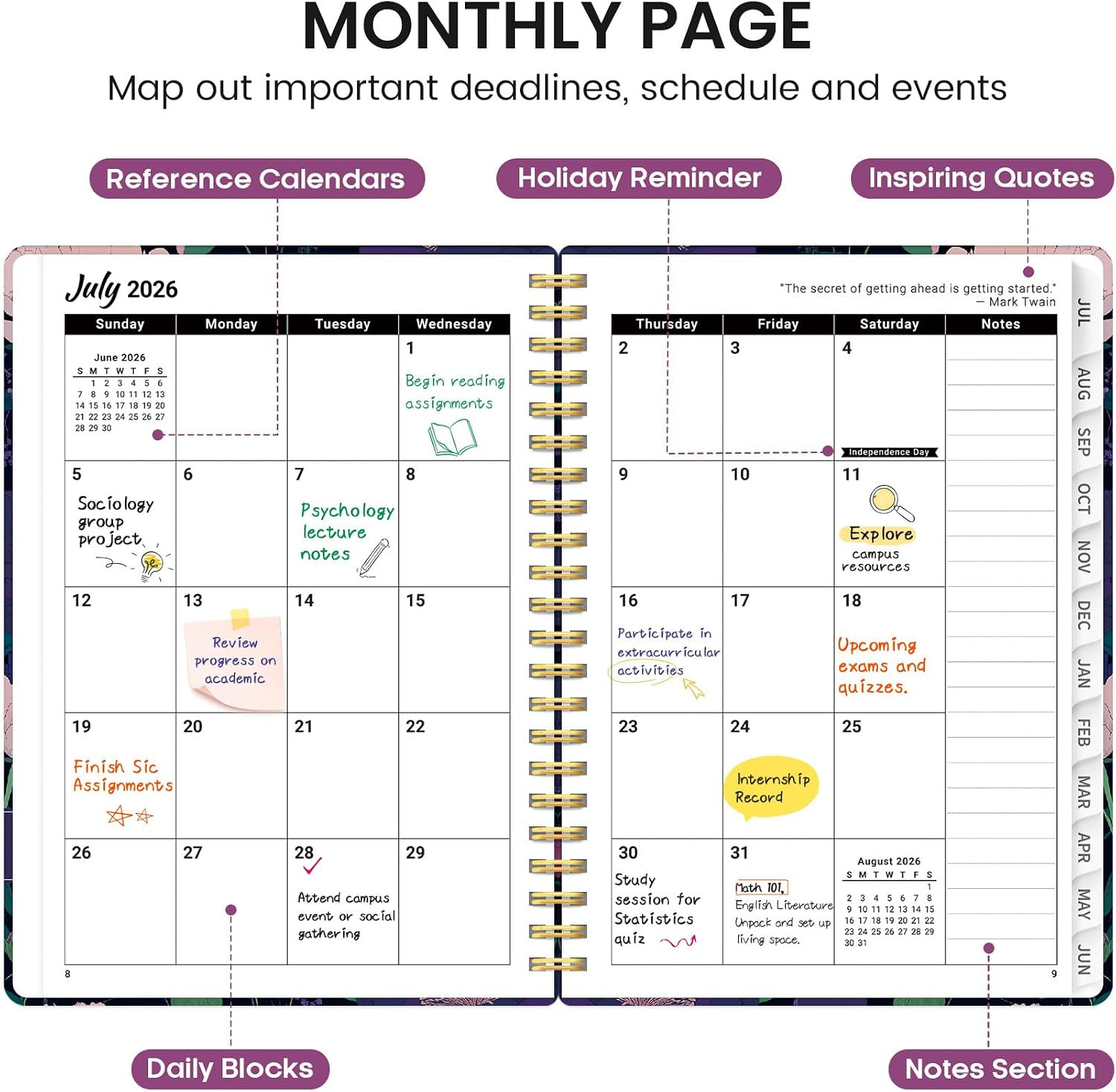 Planner 2026-2027, Academic Monthly and Weekly Calendar Planner for Women, July