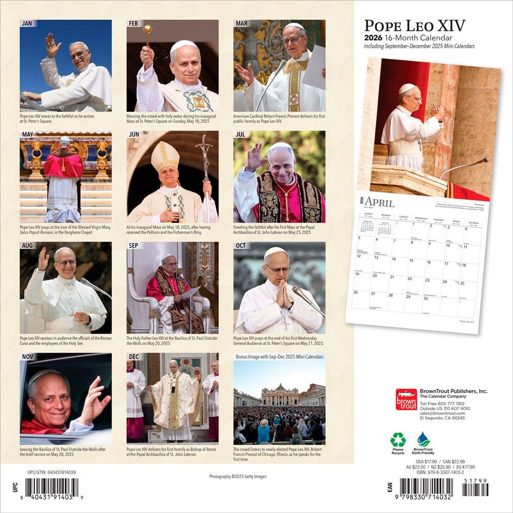 Pope Leo XIV | 2026 12×24″ (Hanging) Monthly Square Wall Calendar