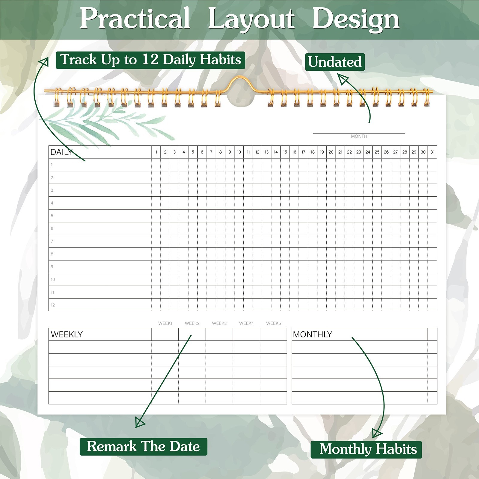 Spiral Habit Tracker, 8×10 Undated Calendar, Goal Setting Planner, Green