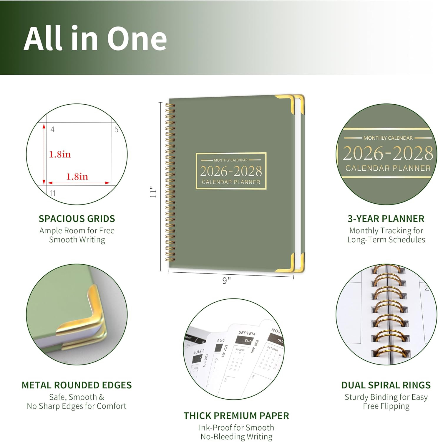 Monthly Planner 2026-2028 Hard Cover with Metal Corner 3 Year Calendar 2026-2027