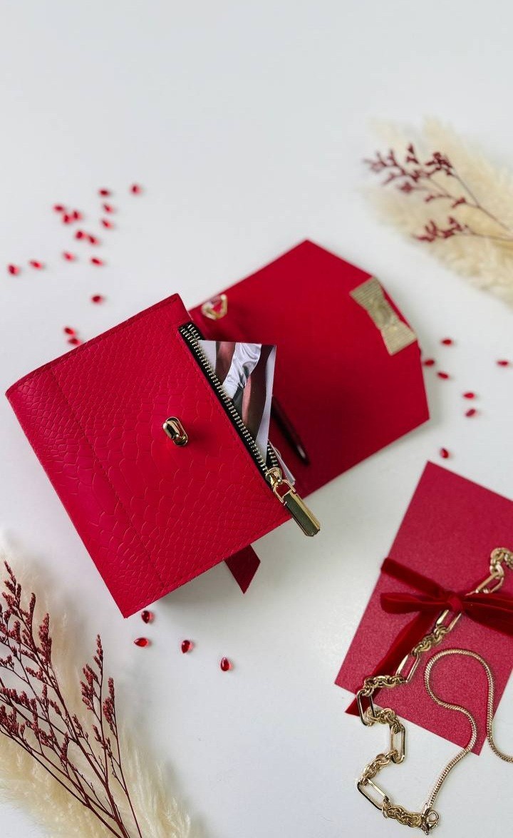 Red leather notebook cover A7 mini wallet. Lined day with time planner gift.