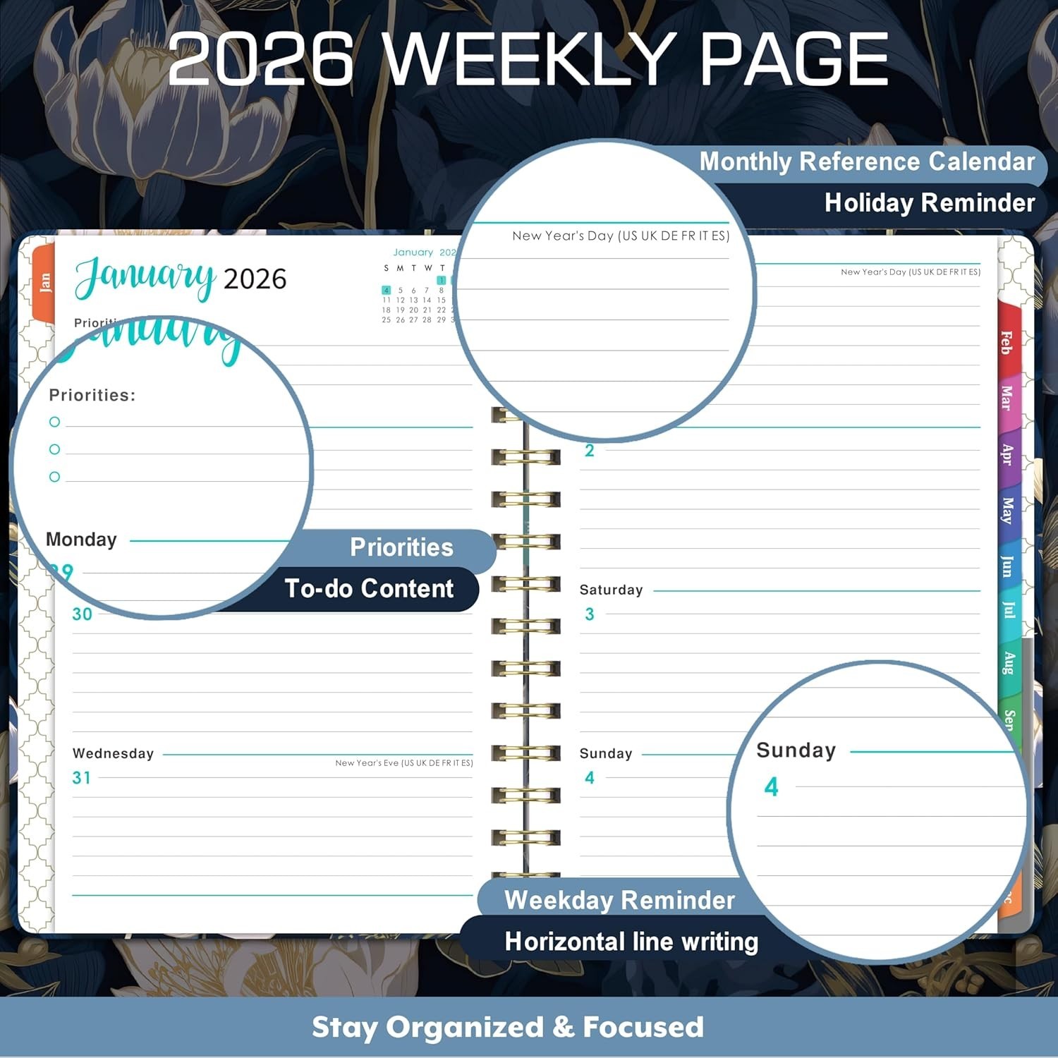 2026 Weekly & Monthly Planner Jan–Dec, 6.4×8.5 Hardcover with Tabs & Pocket