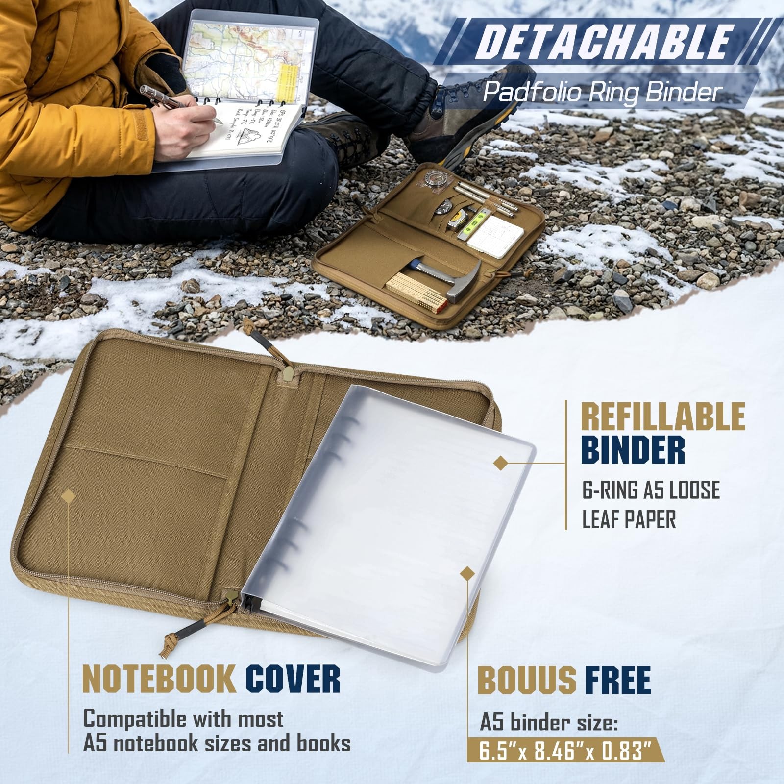Pitozer All-in-One Tactical Notebook Padfolio A5+(7.3 x 10 Inches), Khaki