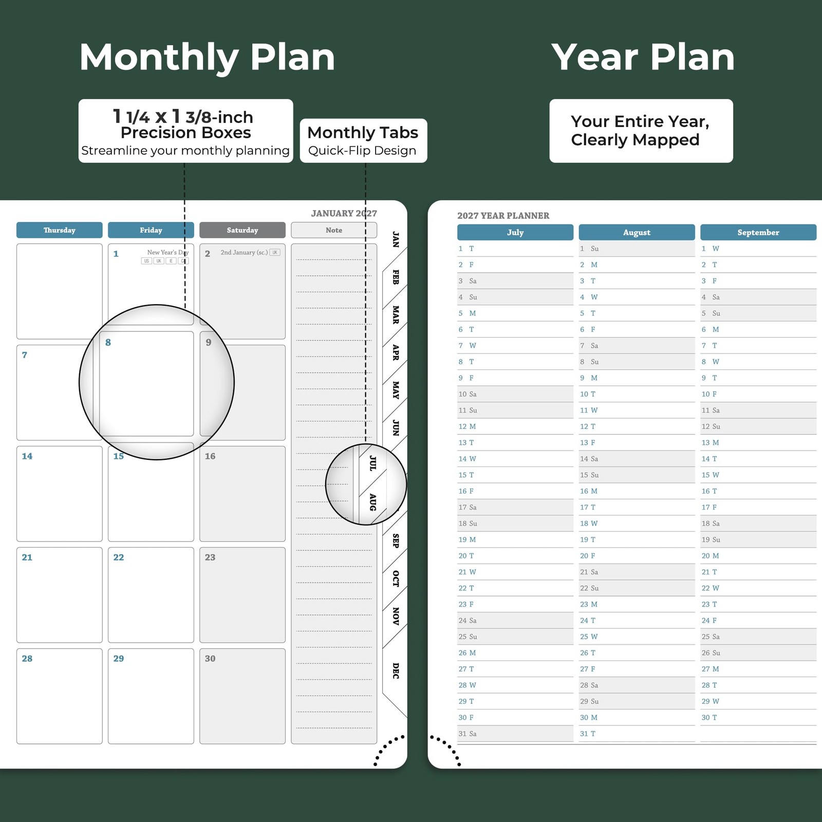 IN-LUXPRO Weekly Monthly 2026-2027 Planner (July Medium-8.5″ x 6.5″, Green