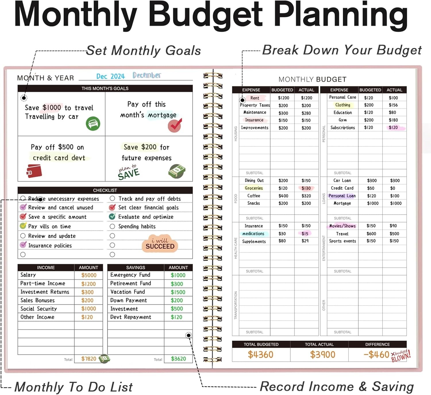 2024 Budget Planner – Undated Notebook with Stickers & Expense Tracking Features