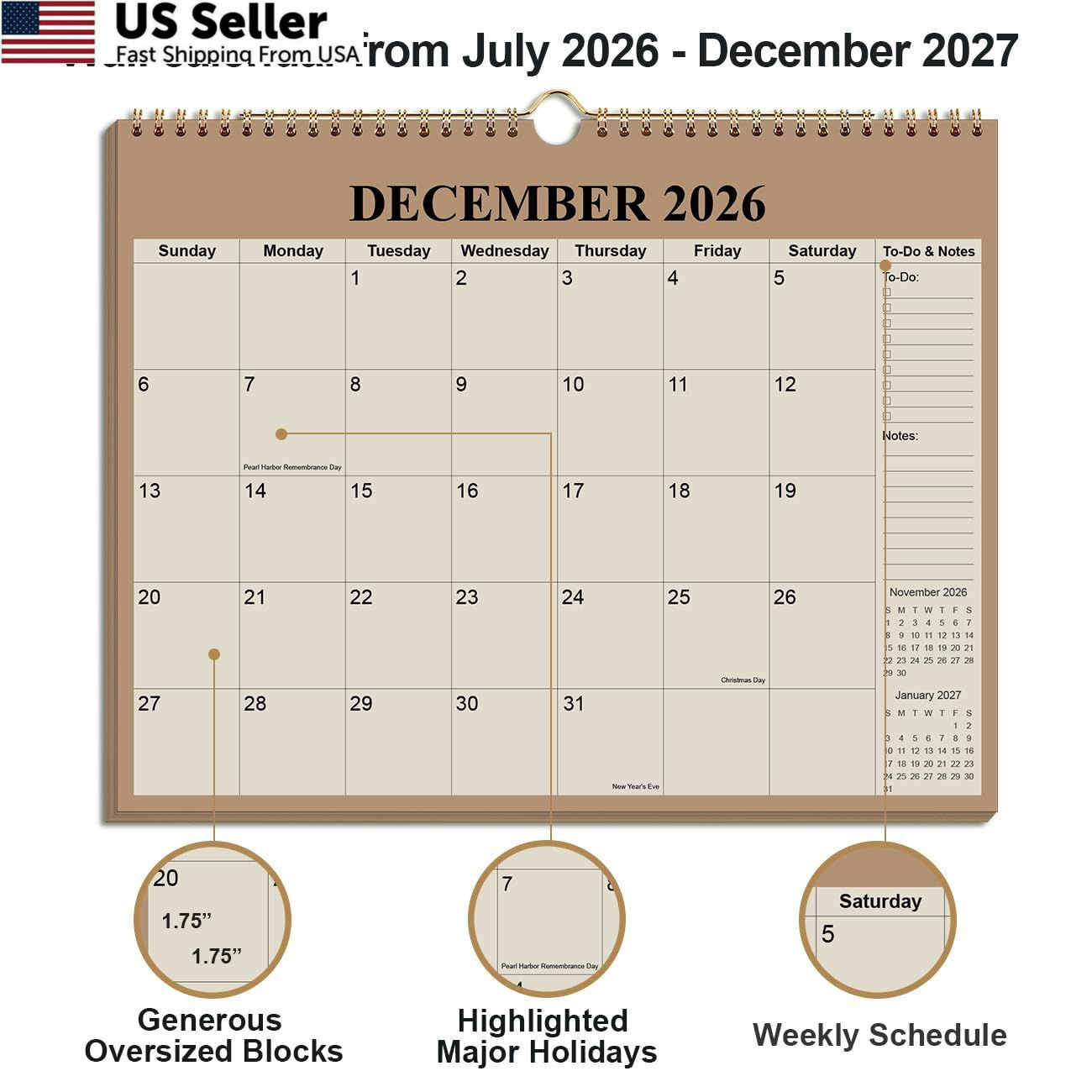Calendar 2026-2027 – 18 Months Wall from July 2026 12″ x 14.5″, Cyan