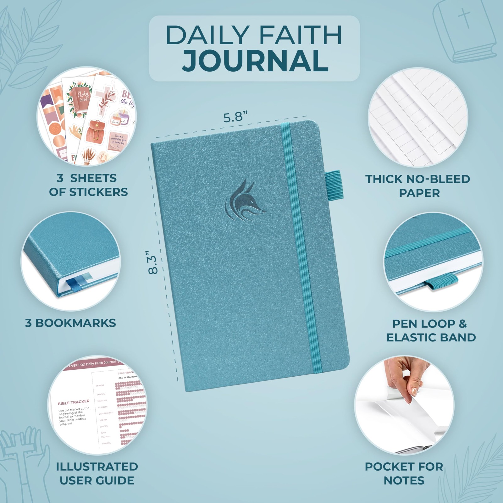 Clever Fox Daily Faith Journal – Guided A5 (5.8” x 8.3”), Aquamarine