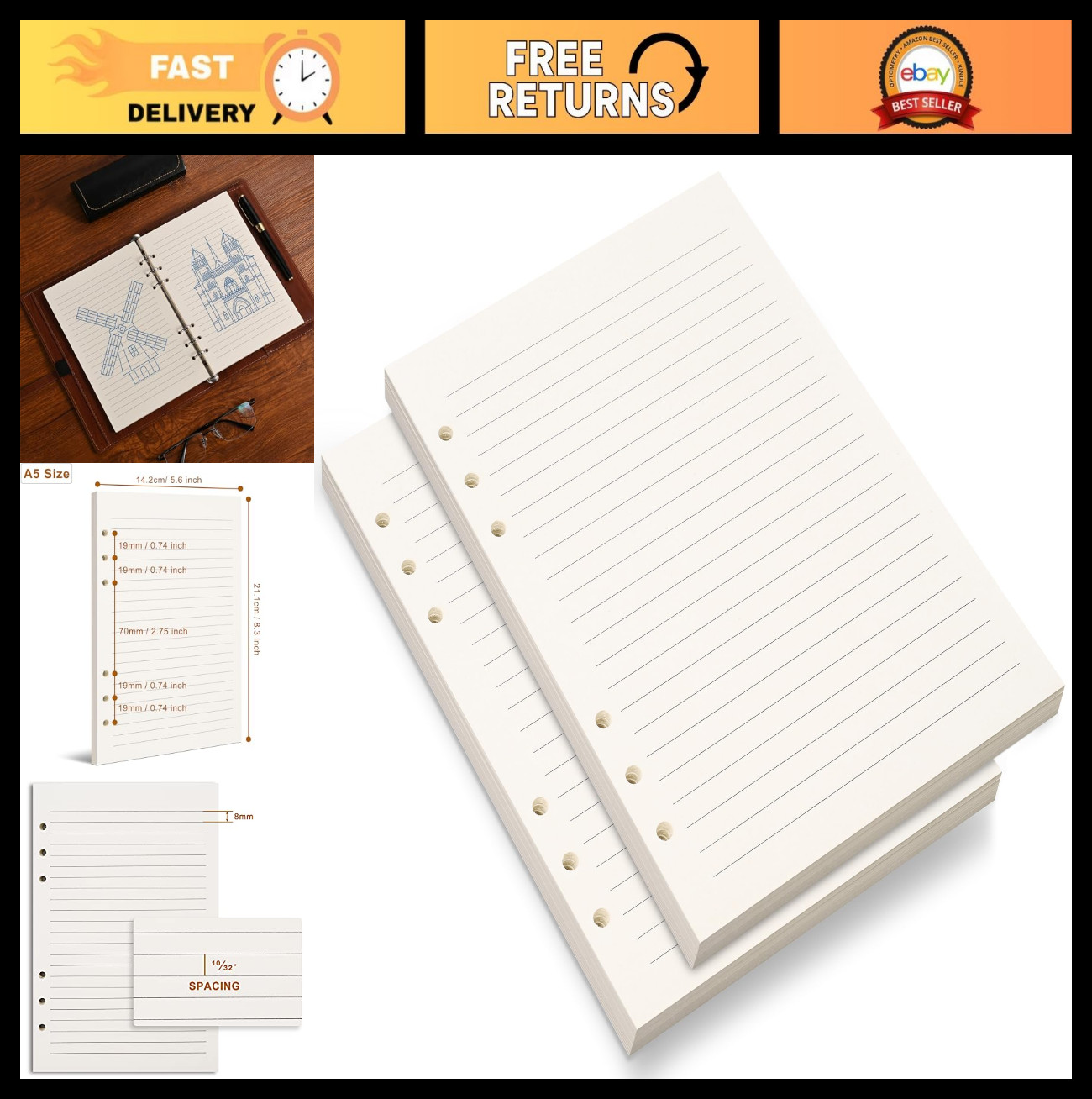 A5 Lined Refill Paper 6-Hole Loose Leaf, 80 Sheets 8mm Ruled, Beige, 5.6×8.3