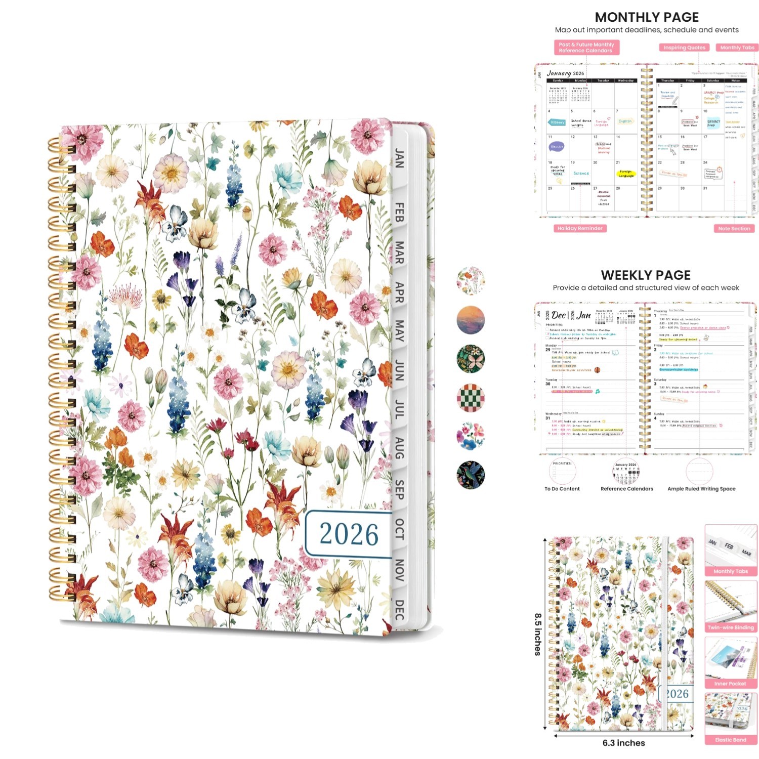 2026 Hardcover Women’s Weekly & Monthly Planner Tabs, Pocket & Spiral, 6.3×8.5