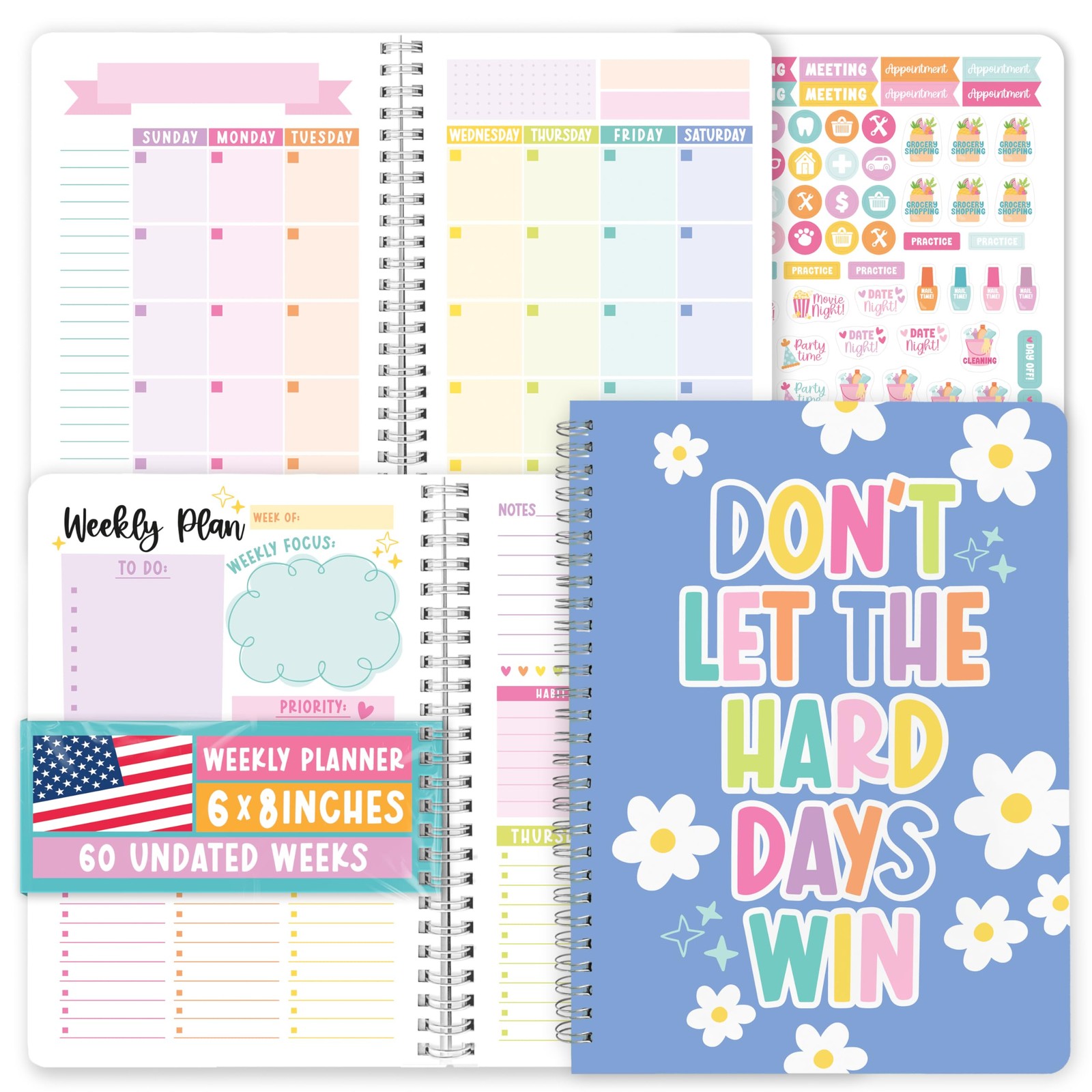 Undated Planner Weekly and Monthly – Spiral 6 x 8 inches, Doodle Blue