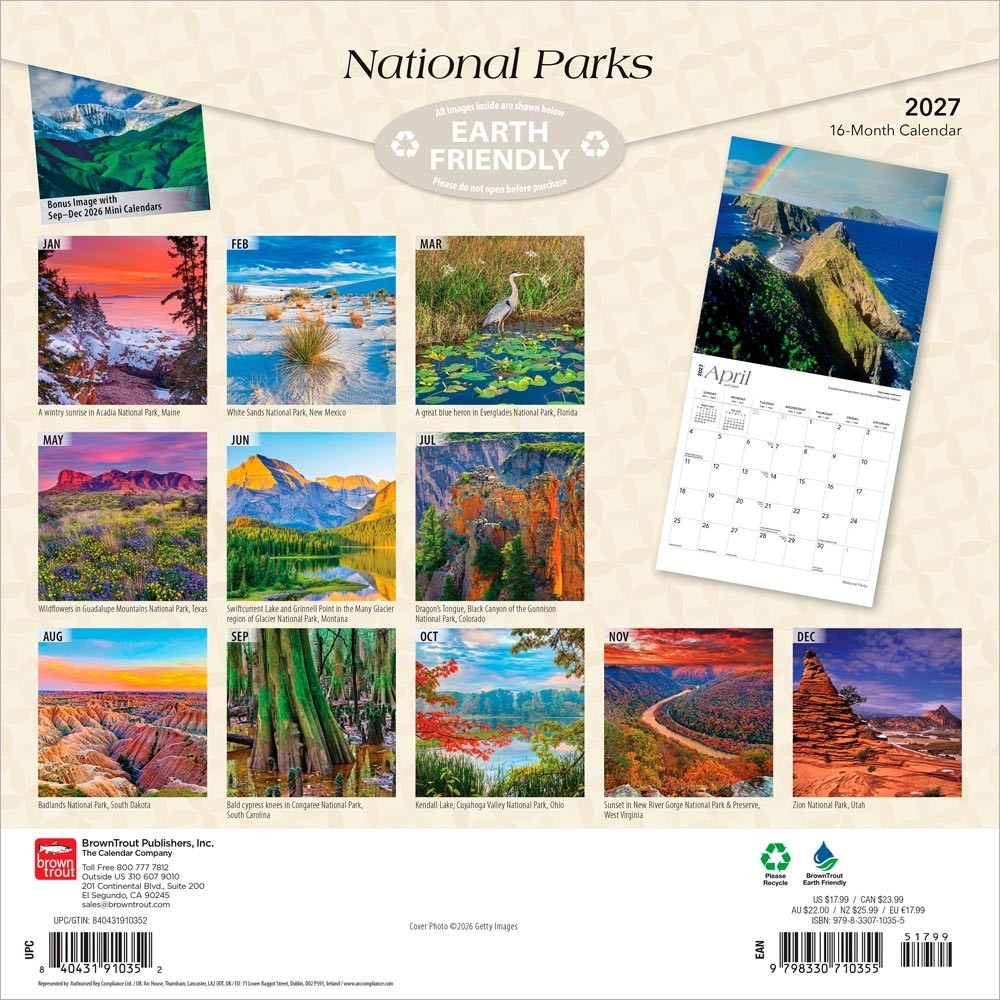 National Parks | 2027 12×24″ (Hanging) Square Wall Calendar | Plastic-Free