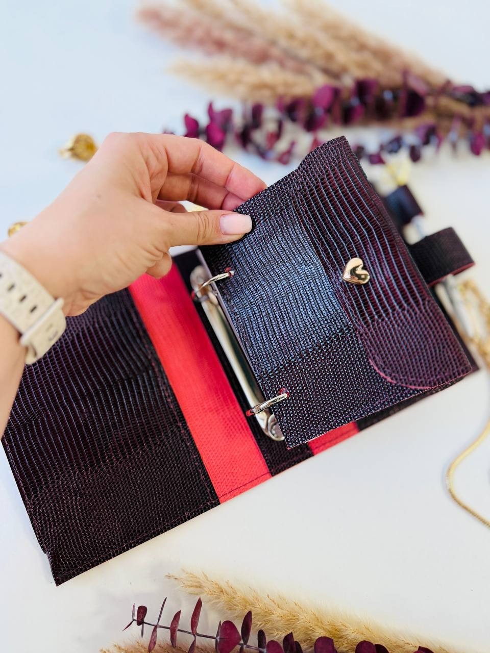 Burgundy handcrafted leather gift. Burgundy handmade planner wallet organizer.