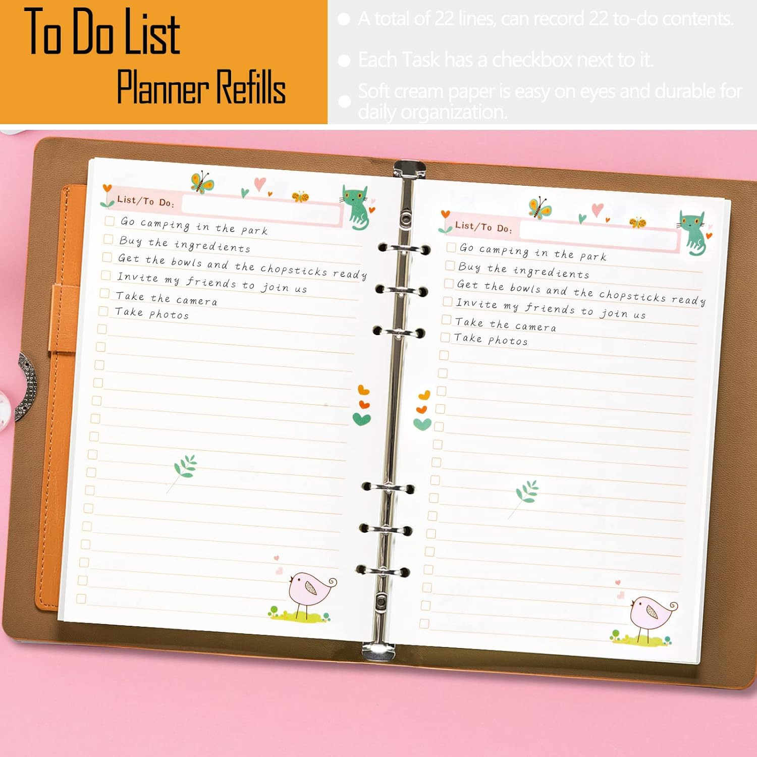 A5 Planner Inserts to Do List, 90 Pages Colorful 6-Ring Loose-leaf Planner Refil