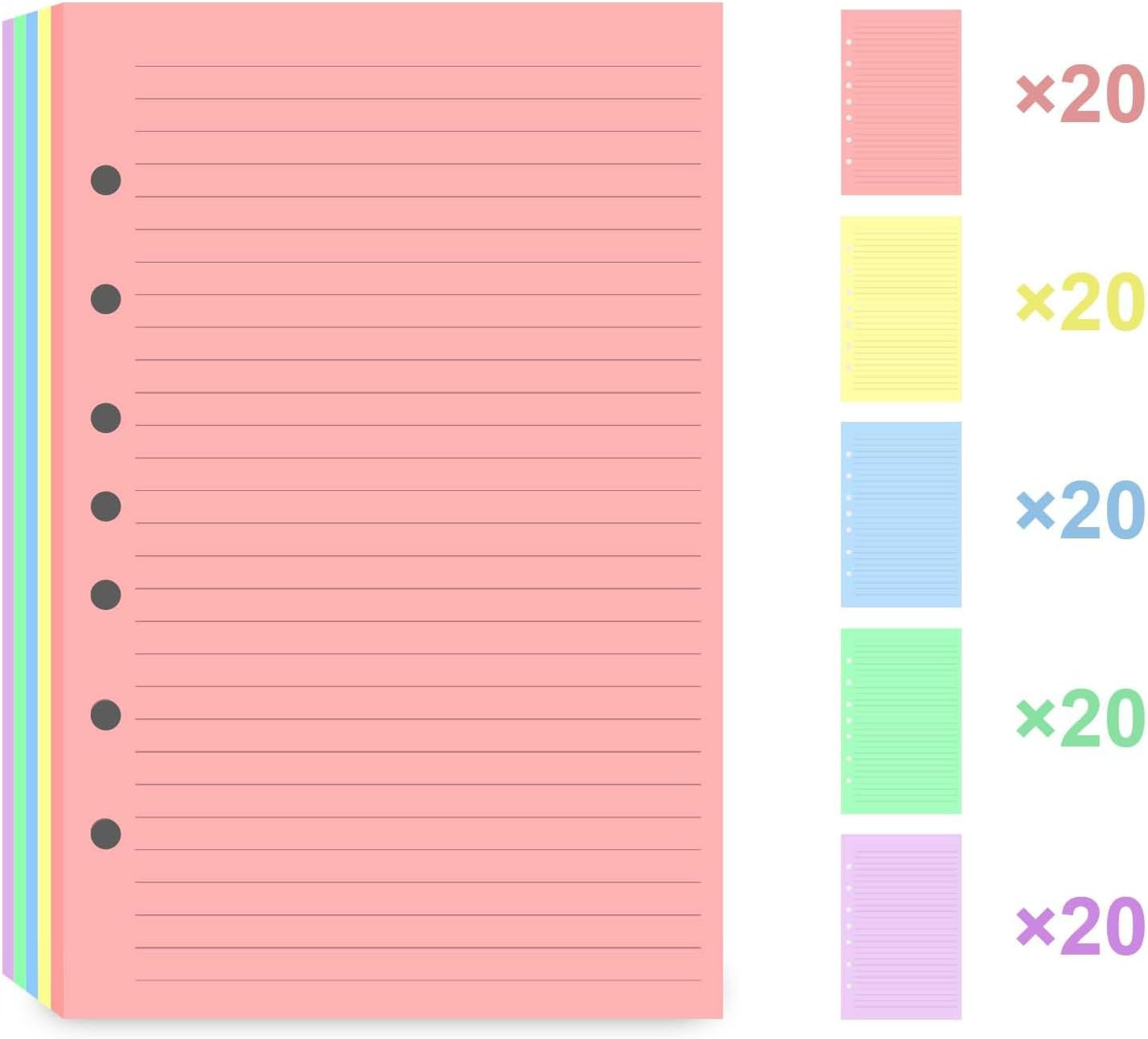 7-Hole Lined Refills Paper, A5 Filler Paper for Planner Inserts, A5 Loose Leaf P