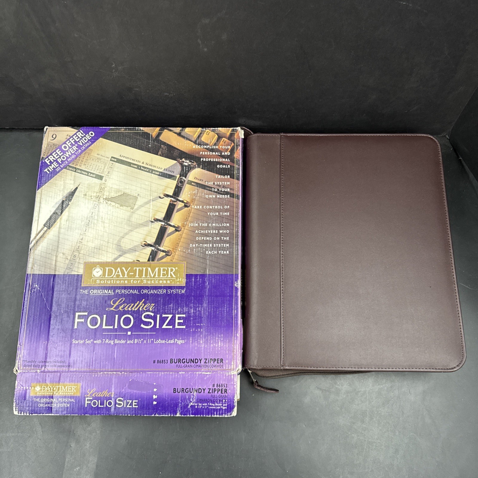 Day-Timer® Leather Planner Padfolio Open Style Organizer Burgundy Zipper Folio