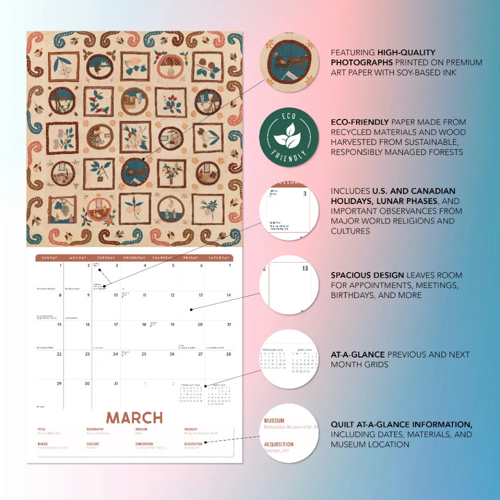 The Artful Quilt Calendar 2026 | 12″ x 24″ 12 Month Calendar | Marble City Press