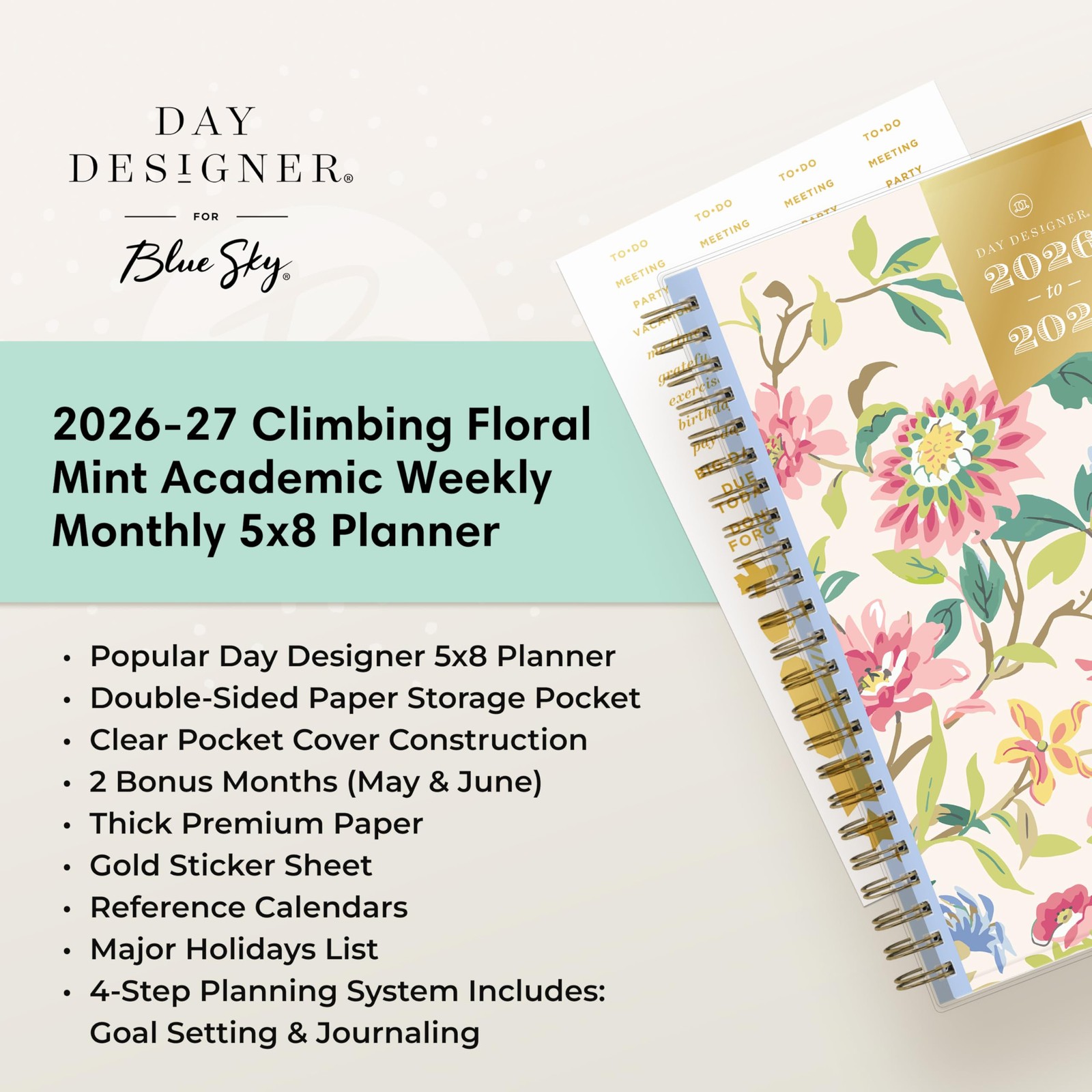 Blue Sky Day Designer 2026-2027 5″ x 8″, Climbing Floral Blush- 2026/2027