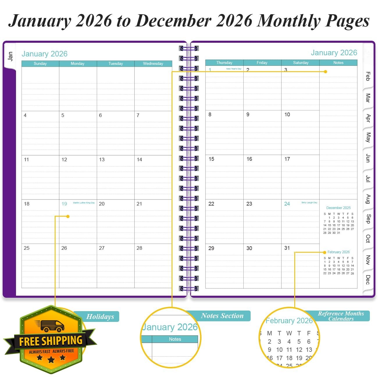 Yaridar 2026 Daily Planner 6.4″x8.5″ Purple