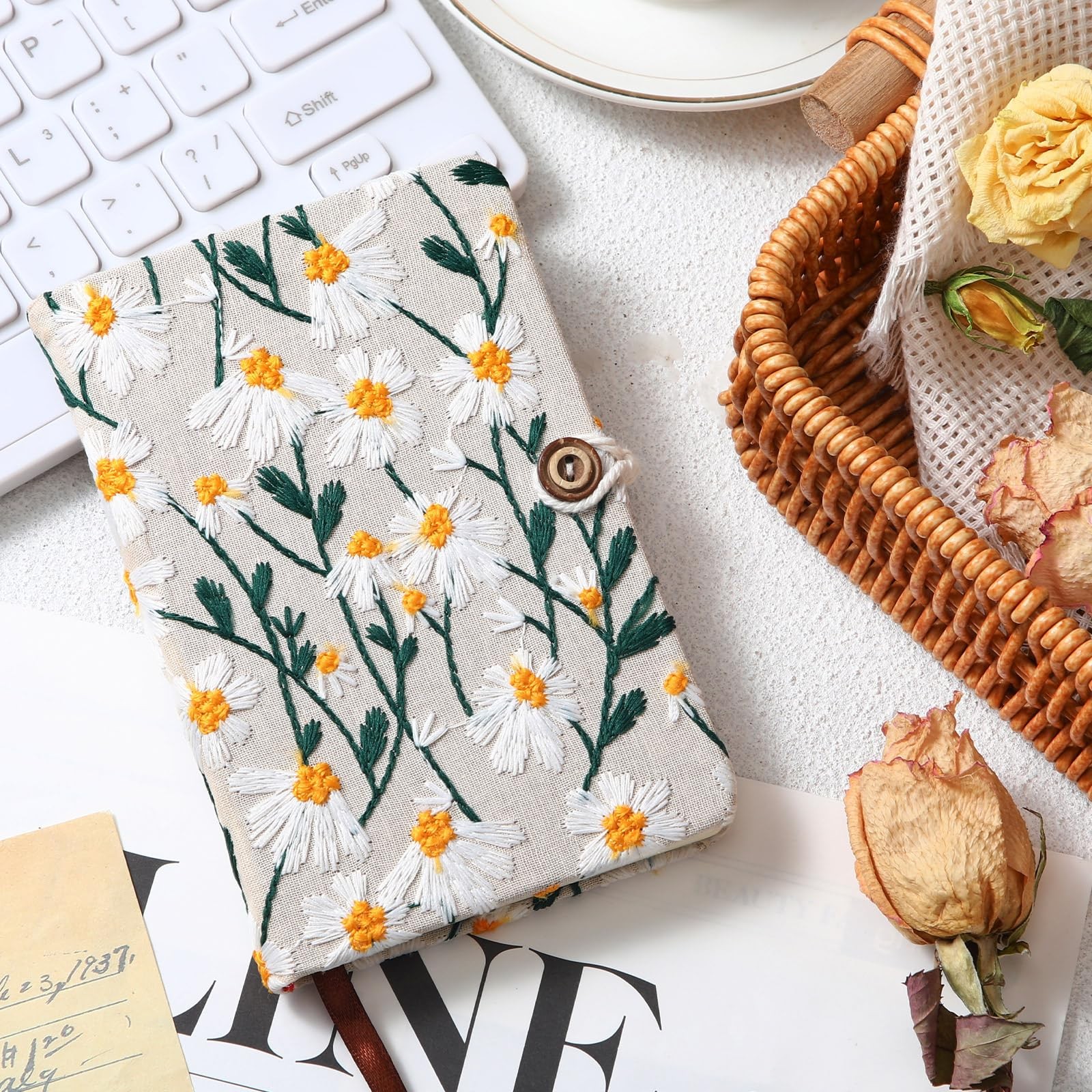 Dunzoom Daisy Journal Gifts for Women Embroidered Flower White
