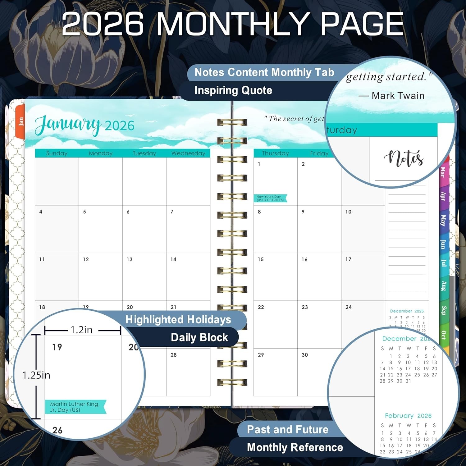 2026 Weekly & Monthly Planner Jan–Dec, 6.4×8.5 Hardcover with Tabs & Pocket