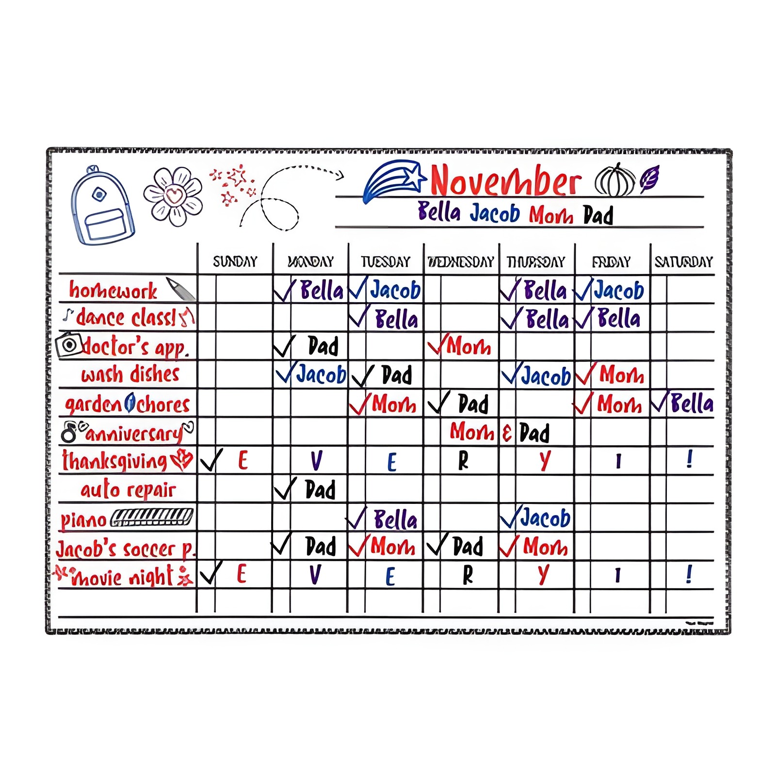 Magnetic Dry Erase Board Weekly Chore Chart Kids Wall Calendar 17×12 White