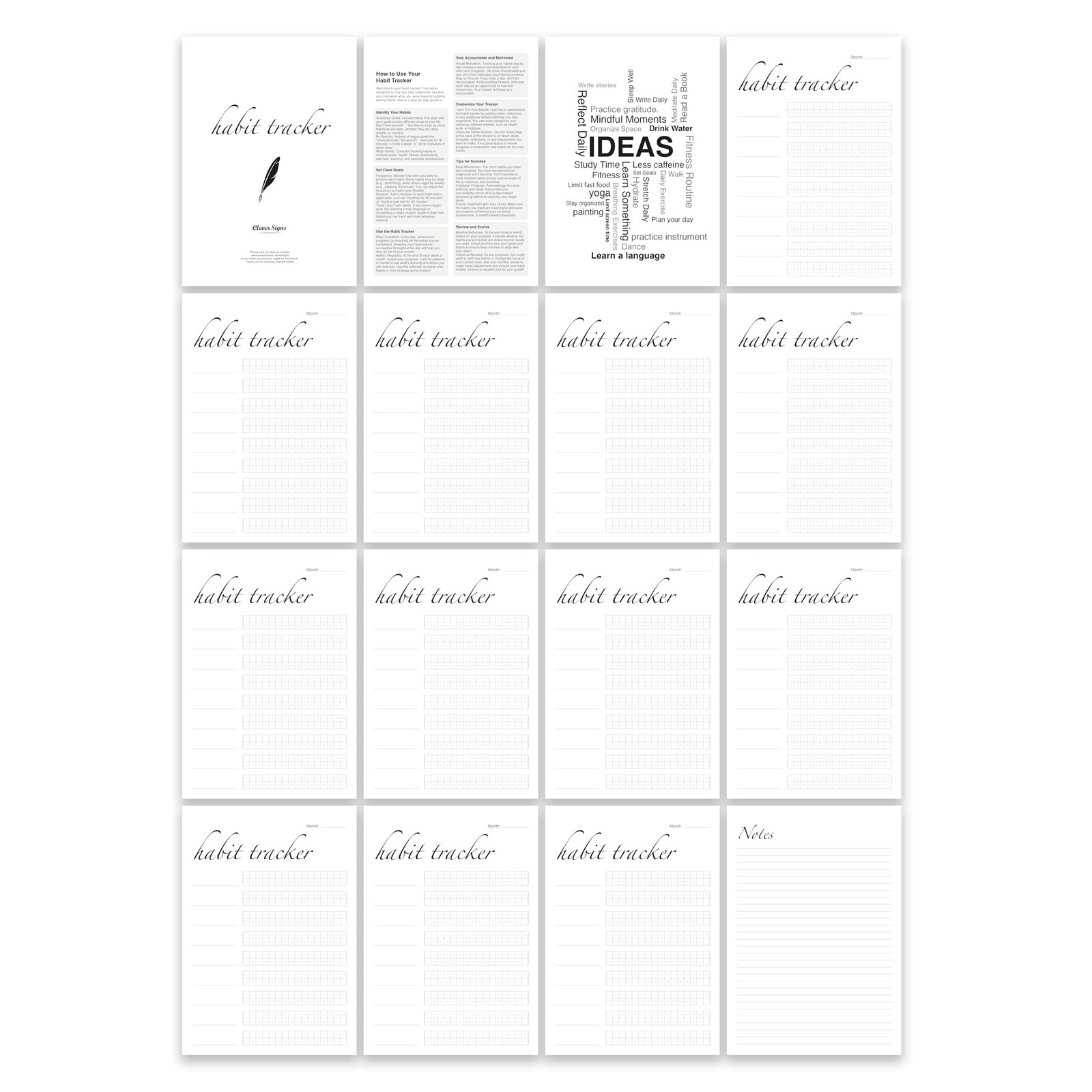 CLEVER SIGNS Habit Tracker Calendar Undated 12 Month Silver Spiral 7×10 Colorful