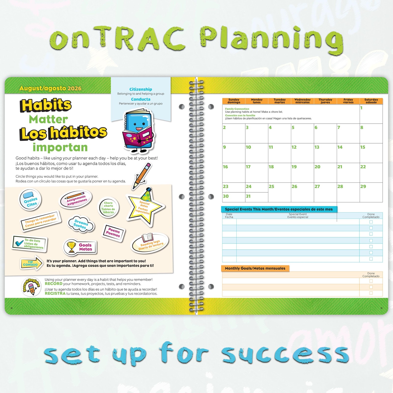 Bilingual Elementary Academic Planner for 2026-2027 School 8.5″ x 11″, Green