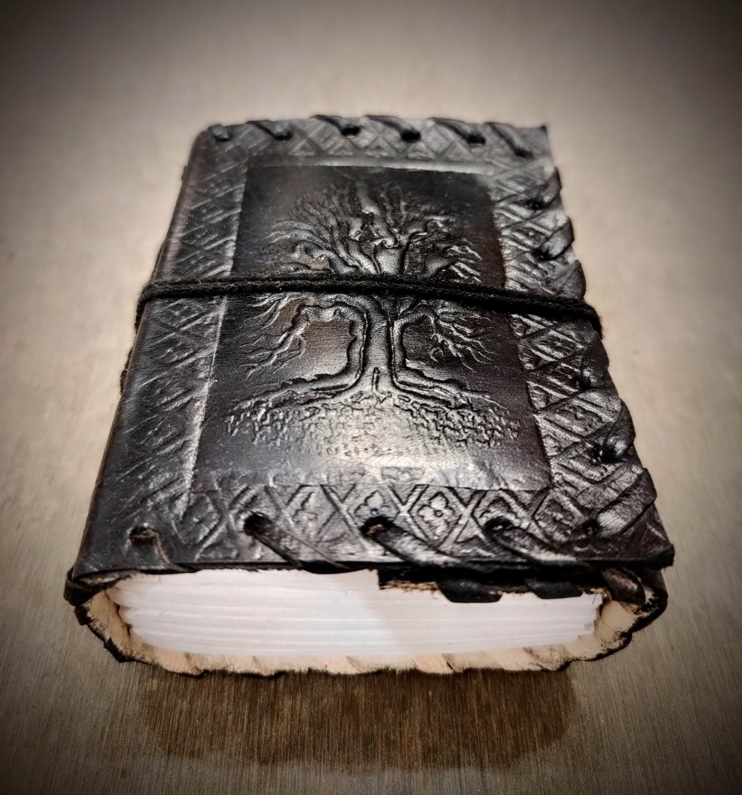 Handmade Black Tree of Life Leather Pocket Journal – 3×4 Inch Refillable Notepad