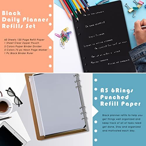 Planner Inserts 6 Rings Planner Refills Set, 60 Sheet To Do A5 Black Blank