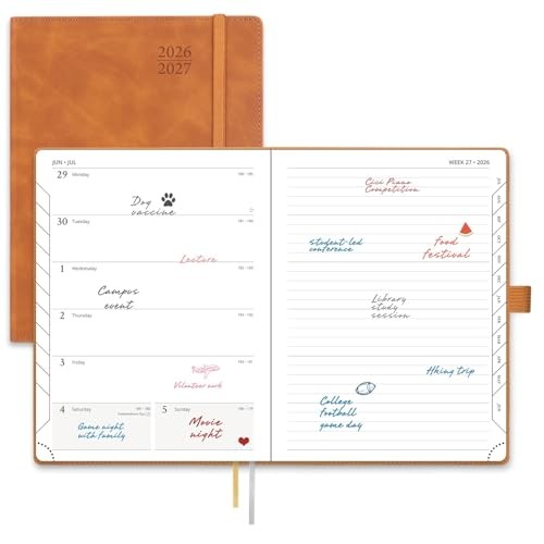 POPRUN 2026-2027 Academic Weekly Planner, 6.5×8.5, Monthly Tabs, Leather Brown