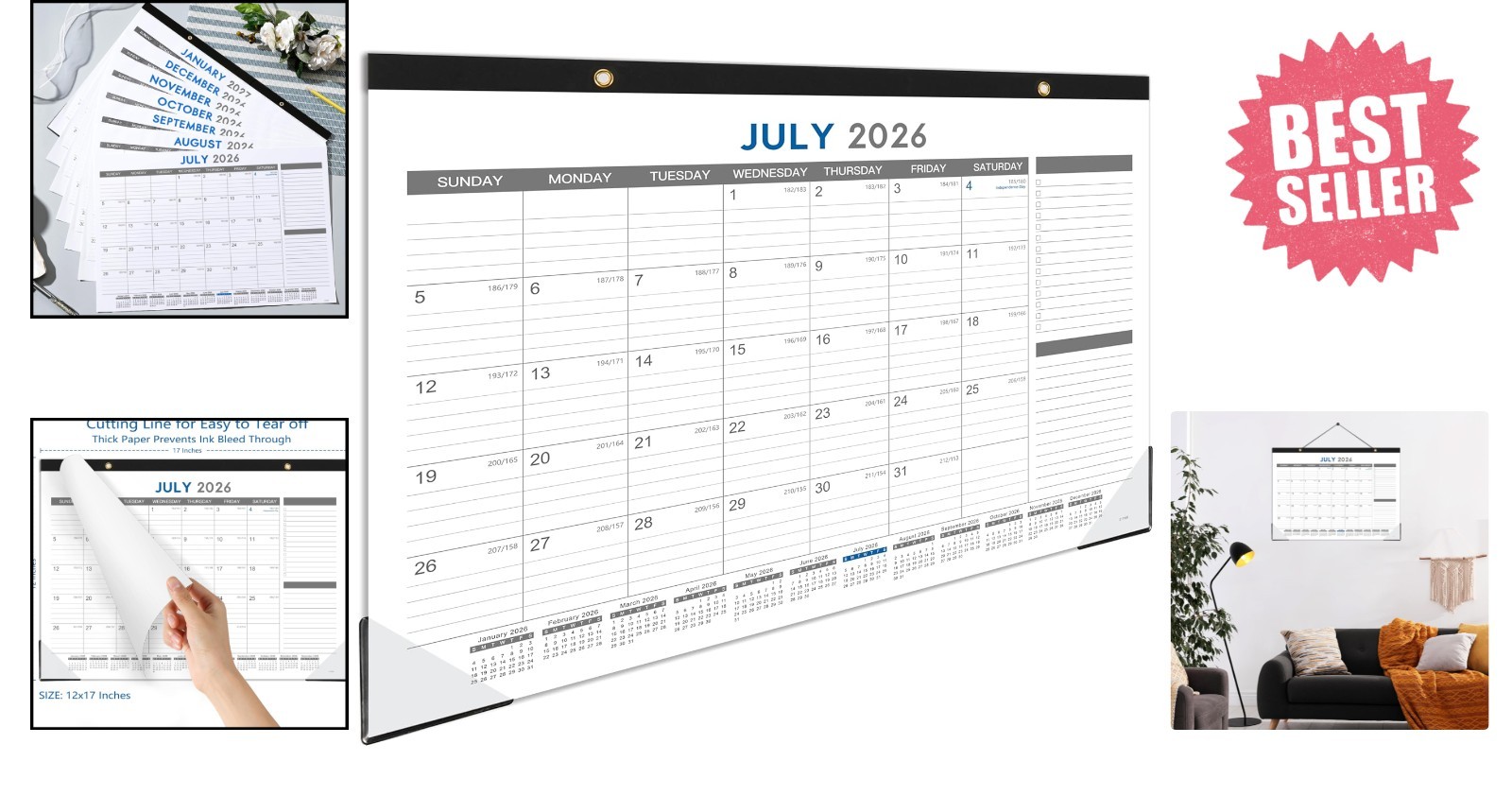 2026-2027 Desk Calendar – July 2026 – Dec 2027, 18 17″ x 12″, black